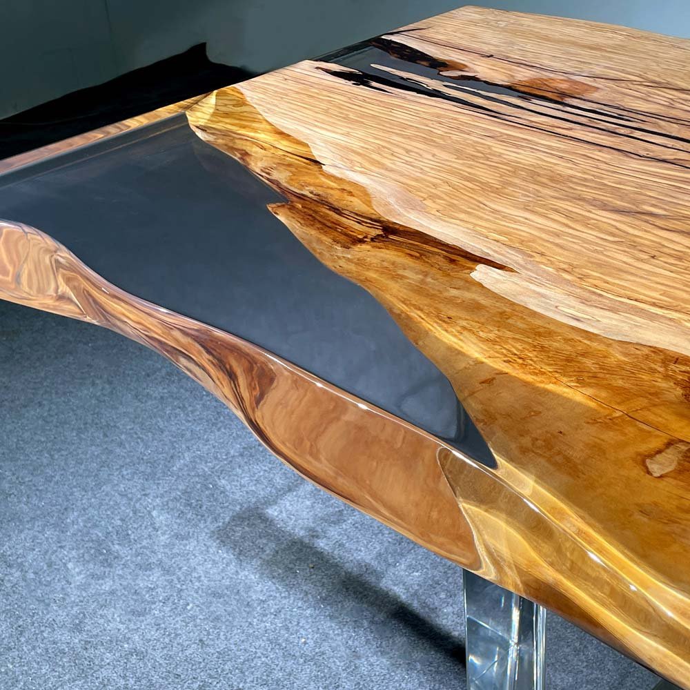 Elite Olive Wood & Transparent Epoxy Resin Live - Edge Dining Table ECT - 150 - Elitecustomtable