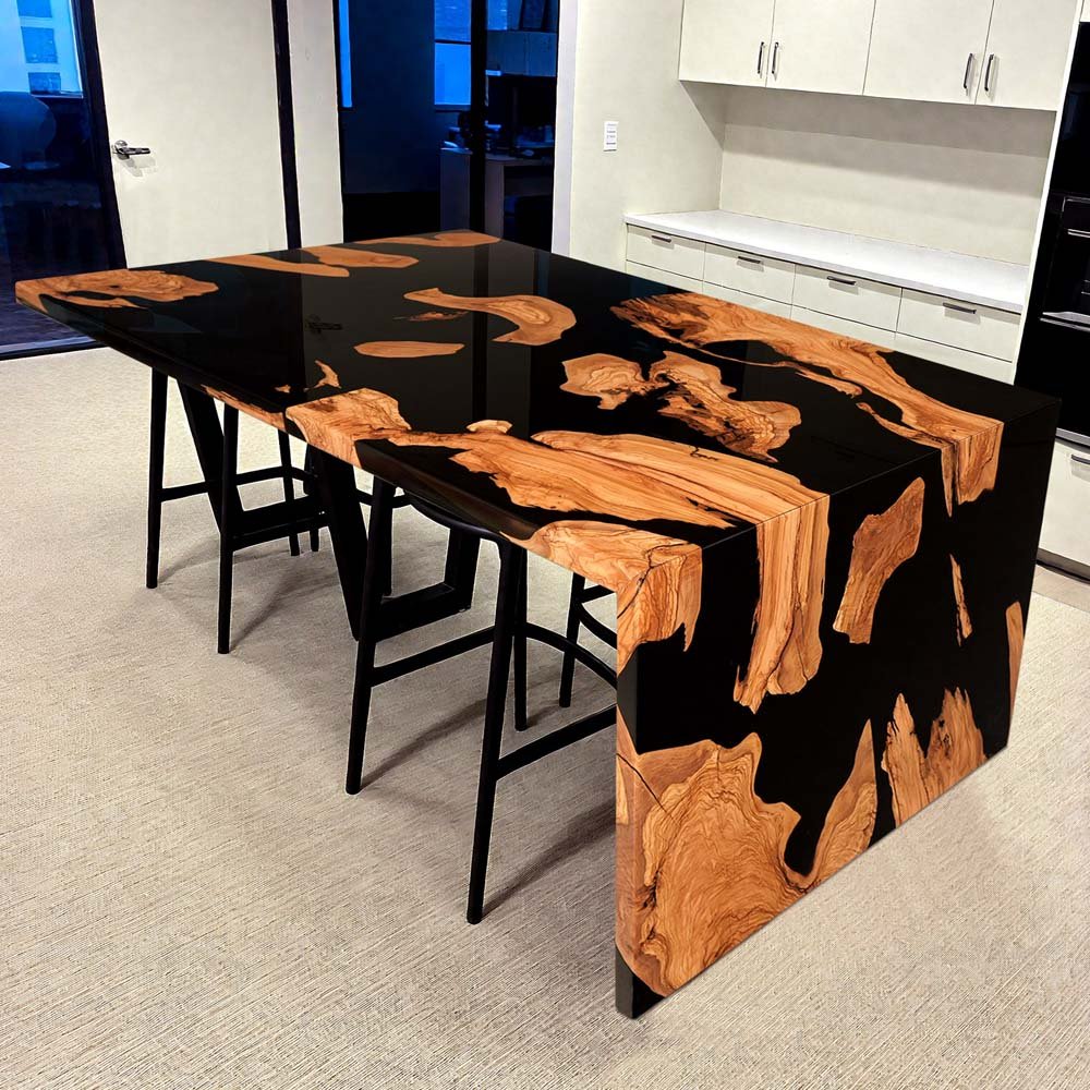 Elite Olive Wood with Black Epoxy Resin L - Shaped Waterfall Dining & Bar Tables ECT - 183 - Elitecustomtable