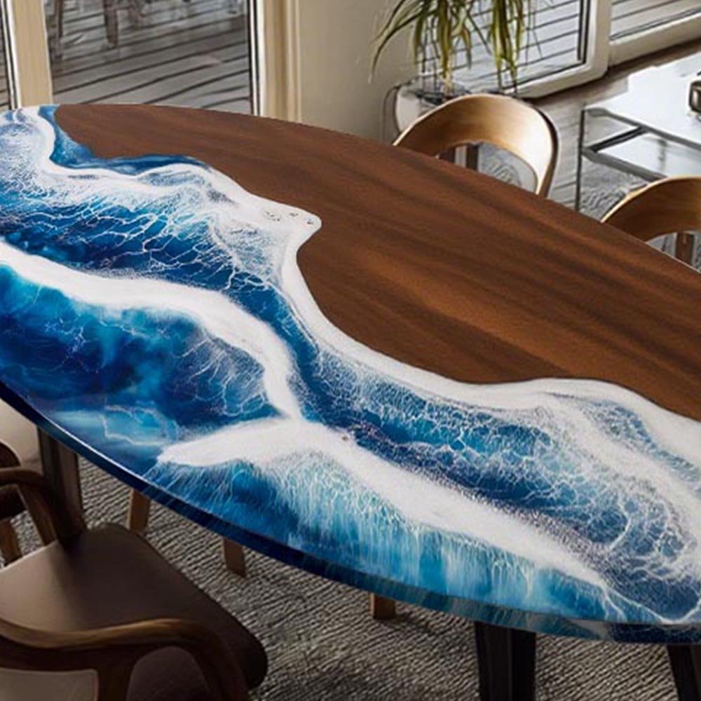 Elite Oval Black Walnut Dining Table with Ocean - Wave Blue Resin Inlay ECT - 246 - Elitecustomtable