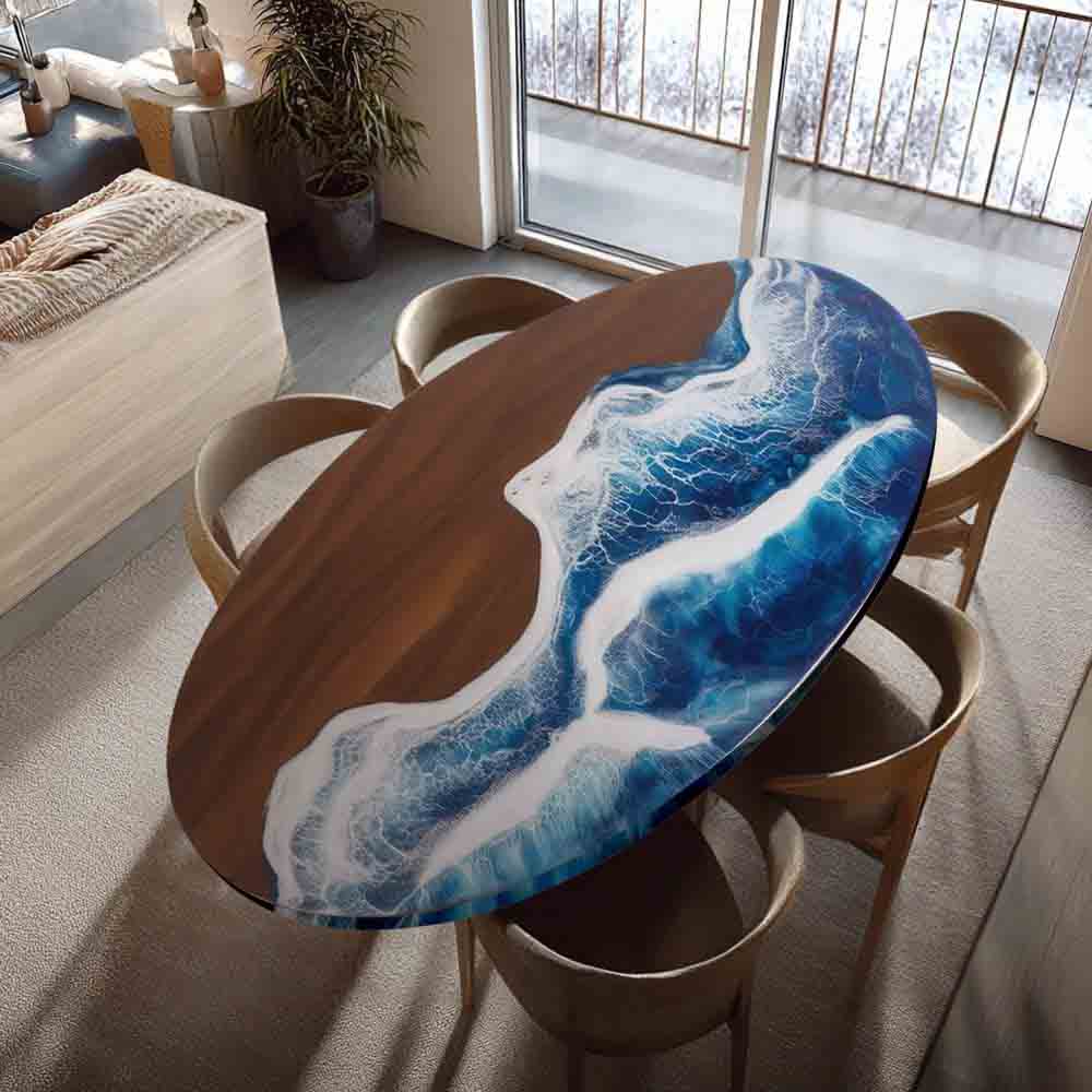 Elite Oval Black Walnut Dining Table with Ocean - Wave Blue Resin Inlay ECT - 246 - Elitecustomtable