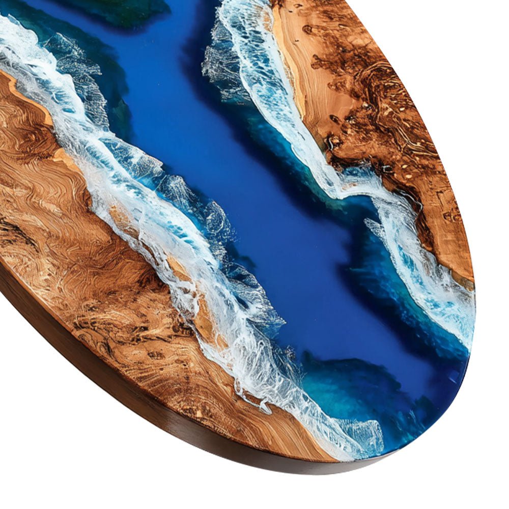 Elite Oval Golden Camphor Wood Dining Table with Majestic Ocean - Wave Resin Inlay ECT - 247 - Elitecustomtable