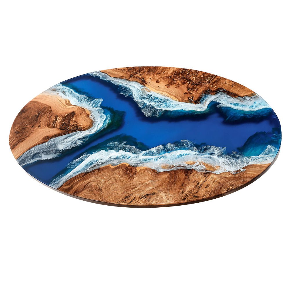 Elite Oval Golden Camphor Wood Dining Table with Majestic Ocean - Wave Resin Inlay ECT - 247 - Elitecustomtable