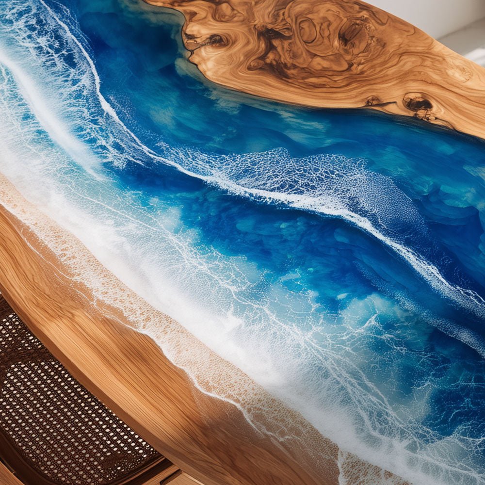Elite Oval - Shaped Olive Wood Dining Table with Ocean - Inspired Blue Resin Inlay ECT - 243 - Elitecustomtable