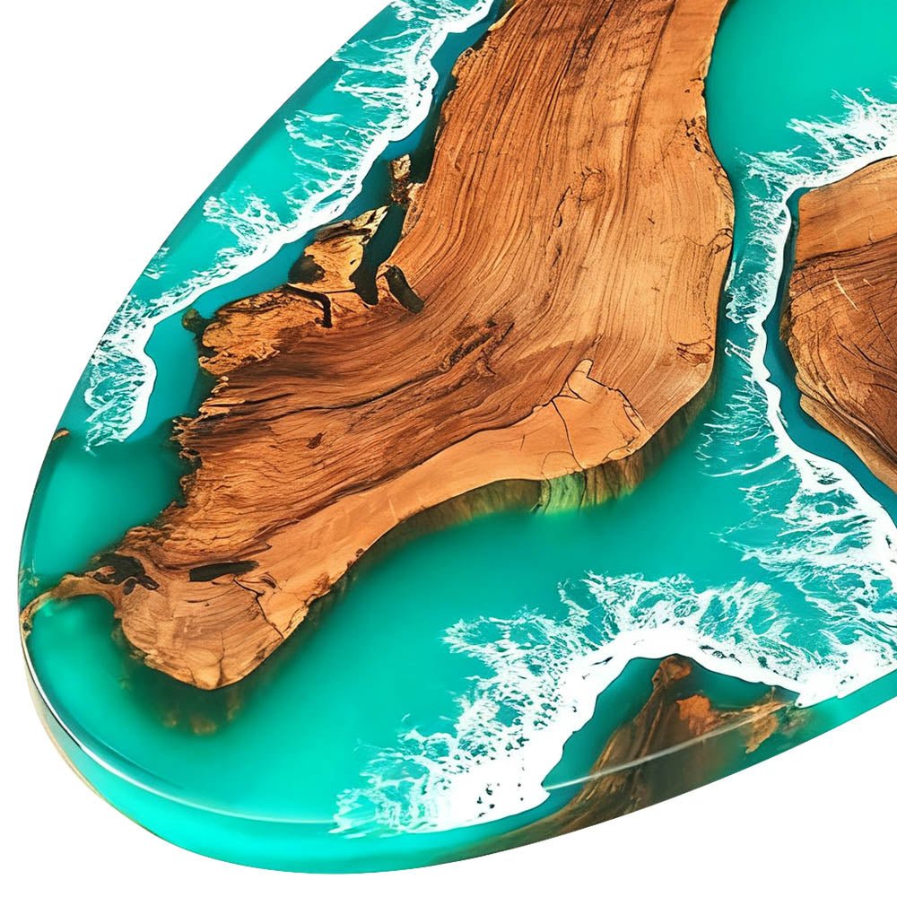 Elite Oval - Shaped Olive Wood Dining Table with Turquoise Ocean - Wave Resin Inlay ECT - 136 - Elitecustomtable
