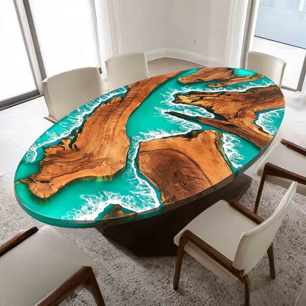 Elite Oval - Shaped Olive Wood Dining Table with Turquoise Ocean - Wave Resin Inlay ECT - 136 - Elitecustomtable