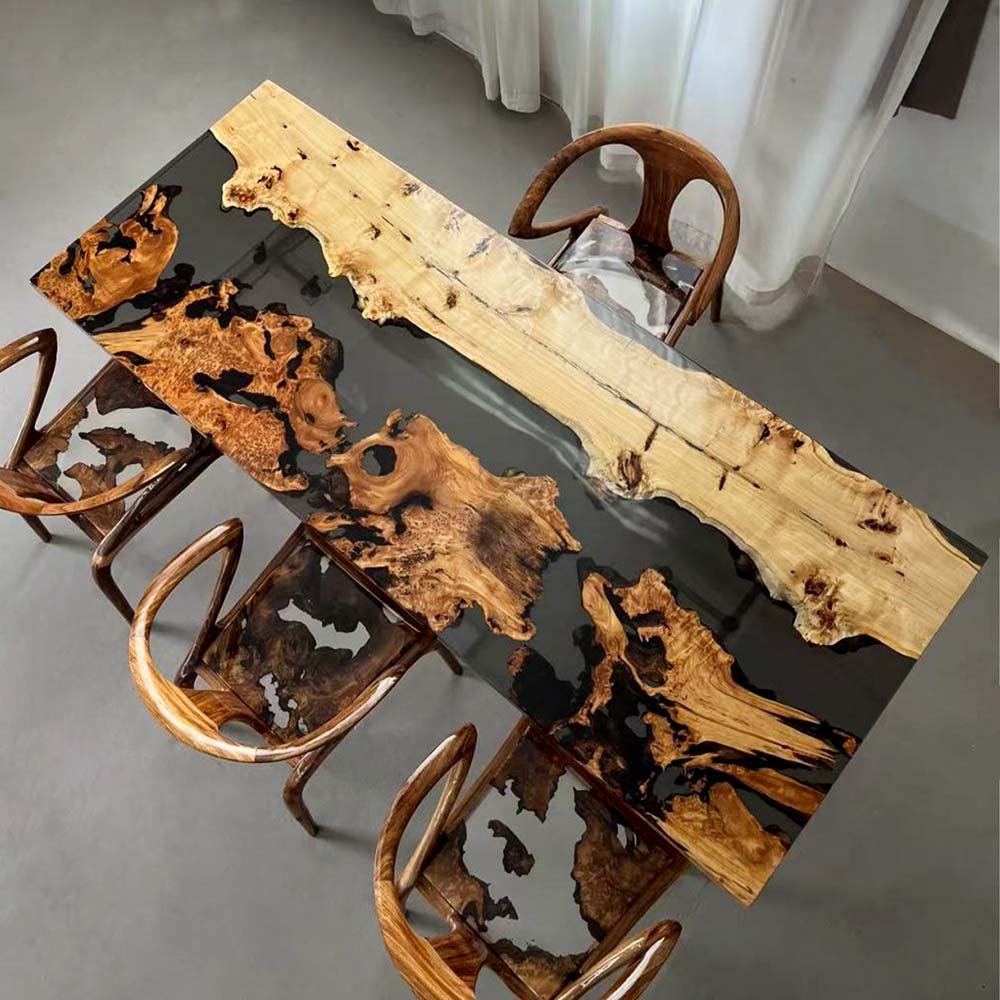 Elite Poplar & Cunninghamia Wood with Transparent Black - Gray Epoxy Resin Dining Table ECT - 160 - Elitecustomtable