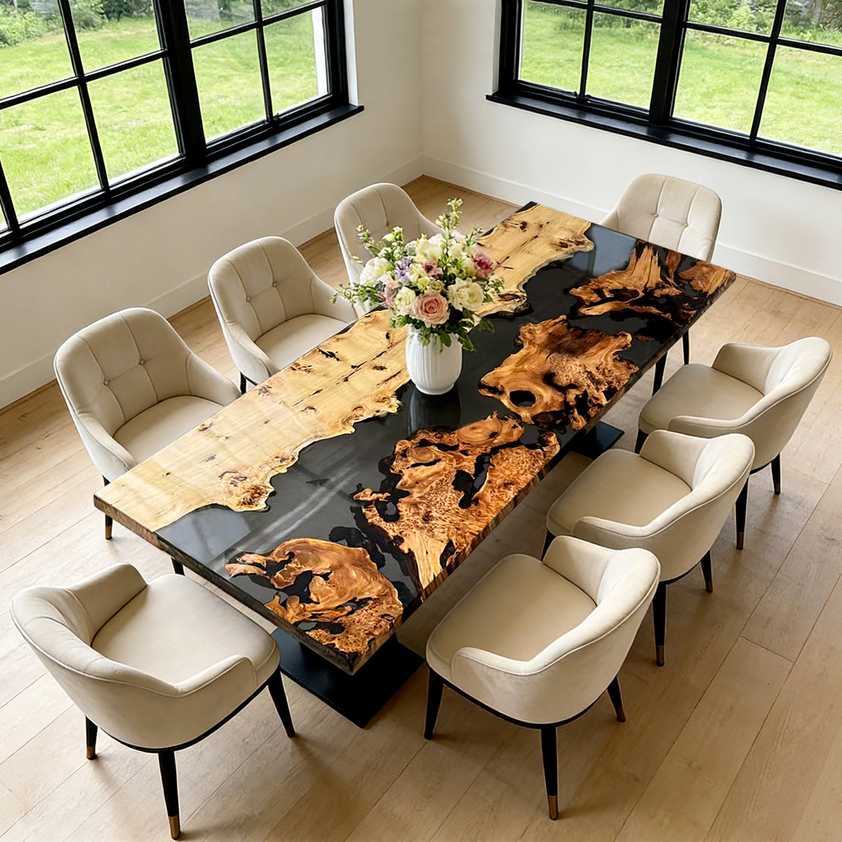 Elite Poplar & Cunninghamia Wood with Transparent Black - Gray Epoxy Resin Dining Table ECT - 160 - Elitecustomtable