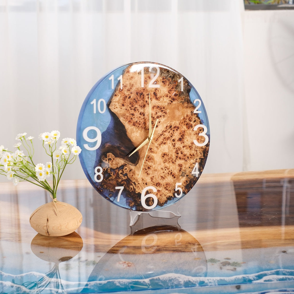 Elite Poplar Wood Burl & Blue Epoxy Resin Decorative Wall Clock EWC - 14 - 16'' - Elitecustomtable