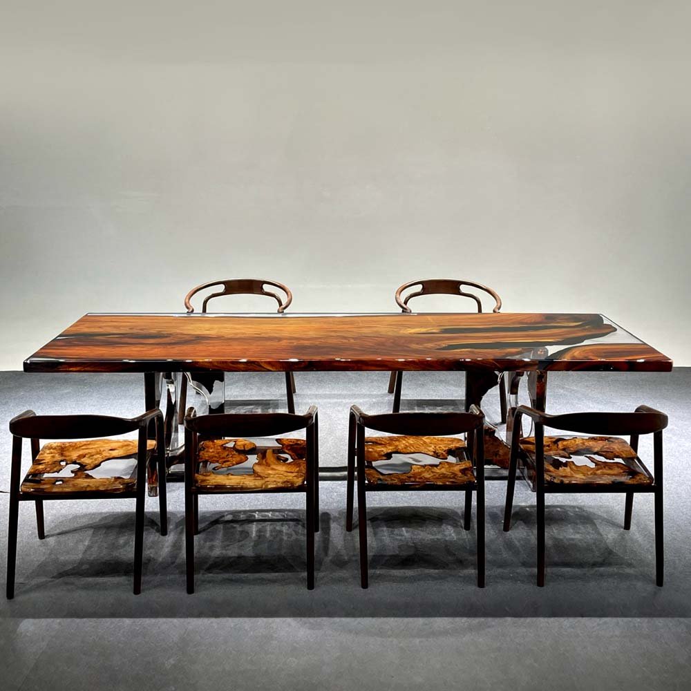 Elite Red Golden Camphor Wood & Transparent Epoxy Resin Dining Table ECT - 148 - Elitecustomtable