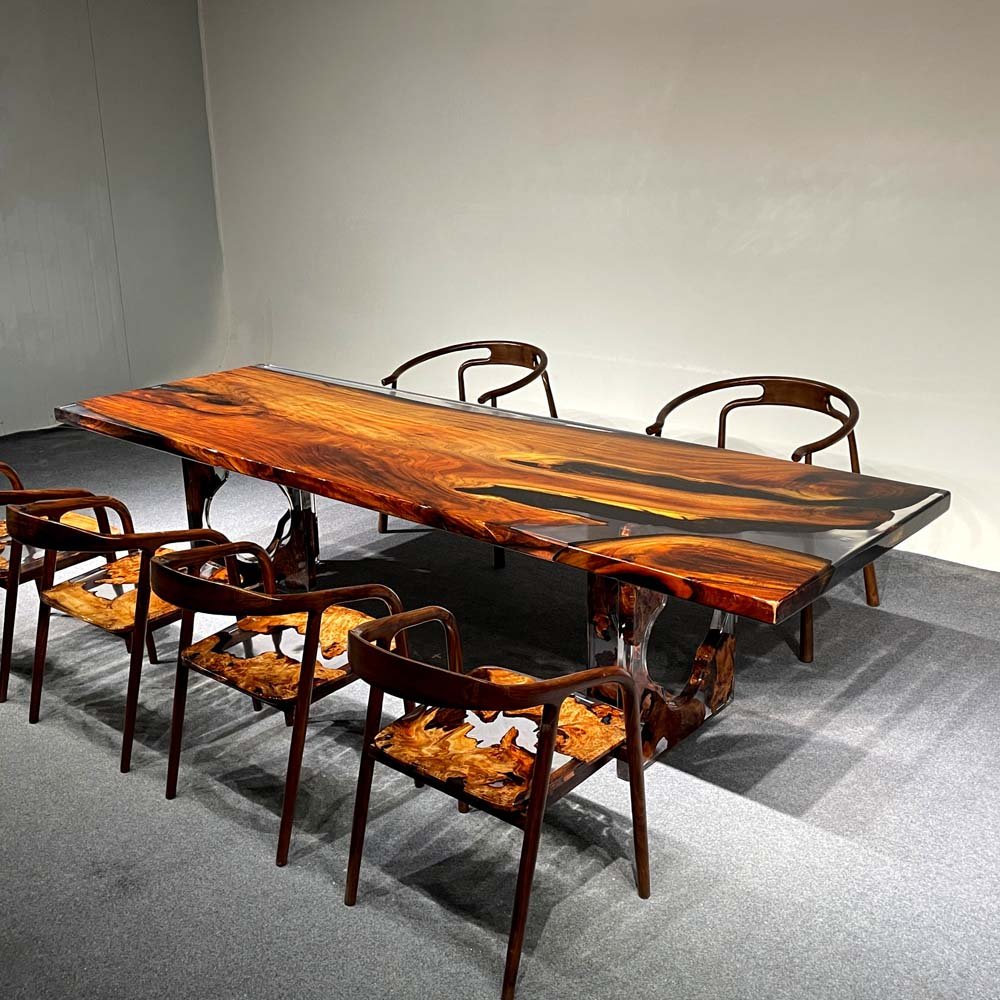 Elite Red Golden Camphor Wood & Transparent Epoxy Resin Dining Table ECT - 148 - Elitecustomtable