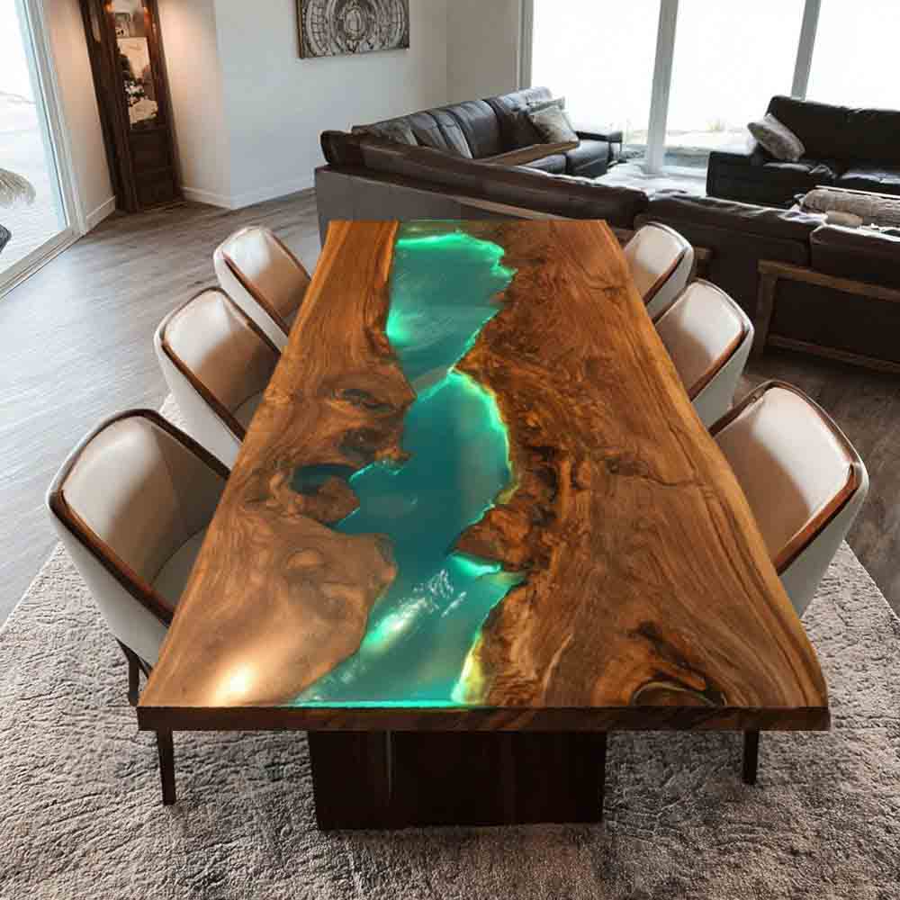 Elite Straight - Edge Black Walnut Dining Table with Glowing Teal Resin Inlay ECT - 237 - Elitecustomtable