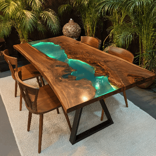 Elite Straight - Edge Black Walnut Dining Table with Glowing Teal Resin Inlay ECT - 237 - Elitecustomtable