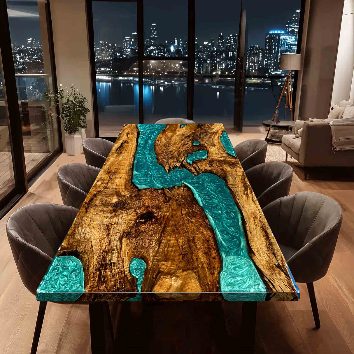 Elite Straight - Edge Golden Camphor Dining Table with Gradient Blue Resin Inlay 90.16''L×48.03''W, EIT - 21 - Elitecustomtable