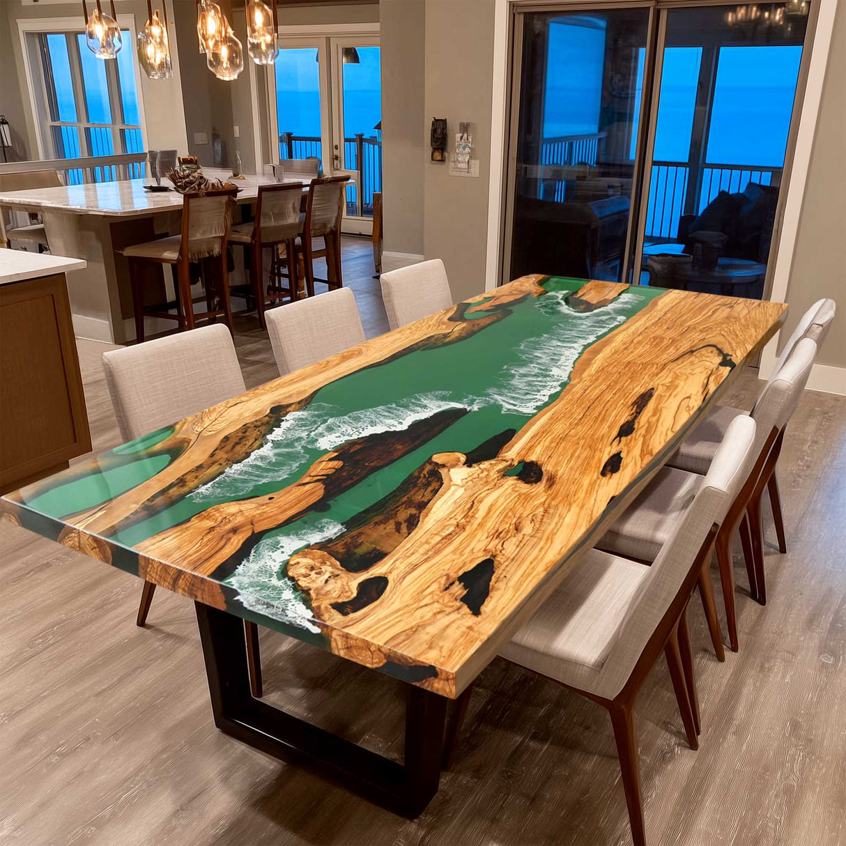 Elite Straight - Edge Olive Dining Table with Green Stream Resin 83.86"L×40.16"W EIT - 19 - Elitecustomtable