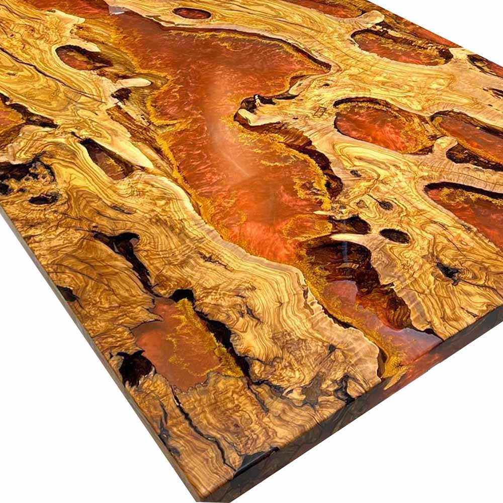 Elite Straight - Edge Olive Wood Dining Table with Irregular Orange Golden Resin ECT-231 - Elitecustomtable