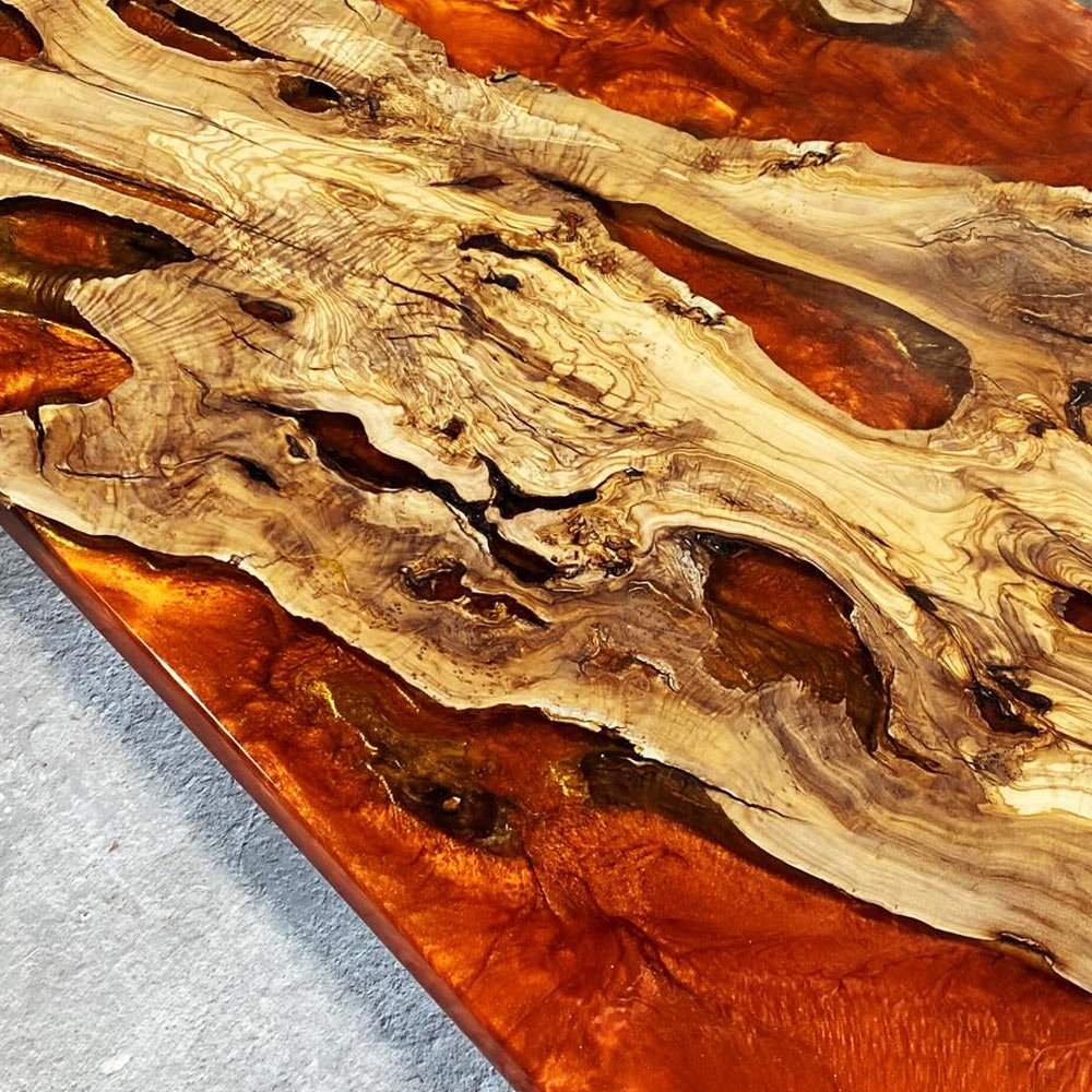 Elite Straight - Edge Olive Wood Dining Table with Irregular Orange Resin Inlay ECT-232 - Elitecustomtable