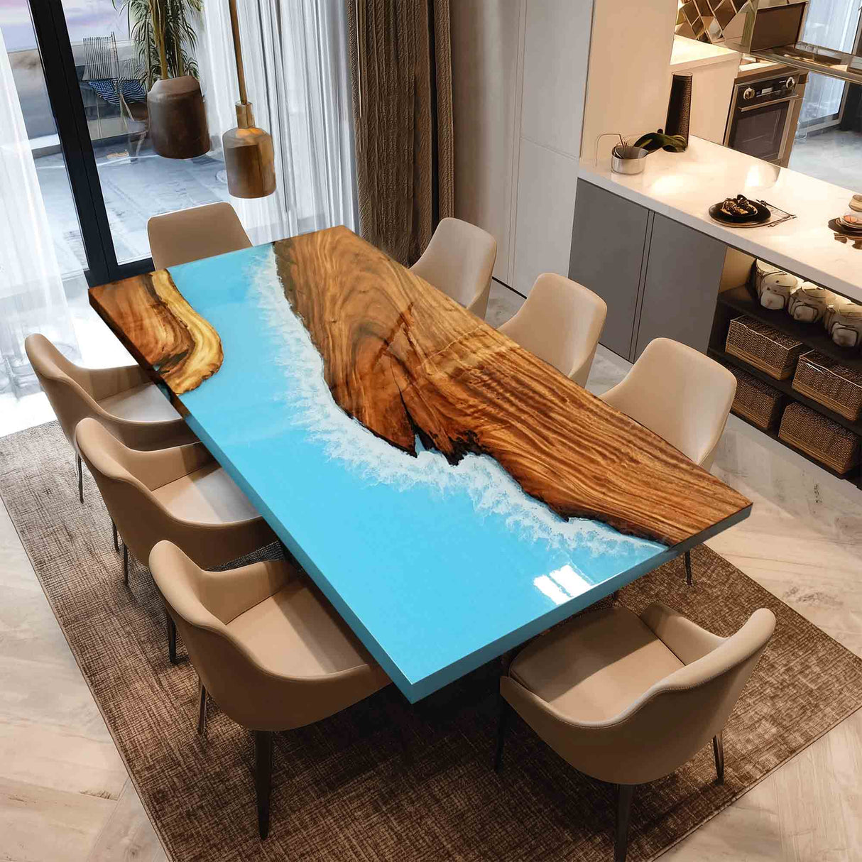Elite Straight - Edge Walnut Dining Table with Blue Ocean Wave Resin 72"L×48"W EIT - 20 - Elitecustomtable