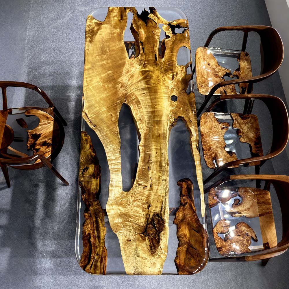 Elite Transparent Resin - Inlaid Golden Camphor Wood Dining Table ECT - 146 - Elitecustomtable