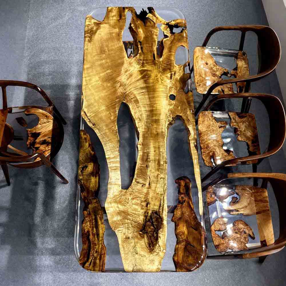 Elite Transparent Resin - Inlaid Golden Camphor Wood Dining Table ECT - 146 - Elitecustomtable