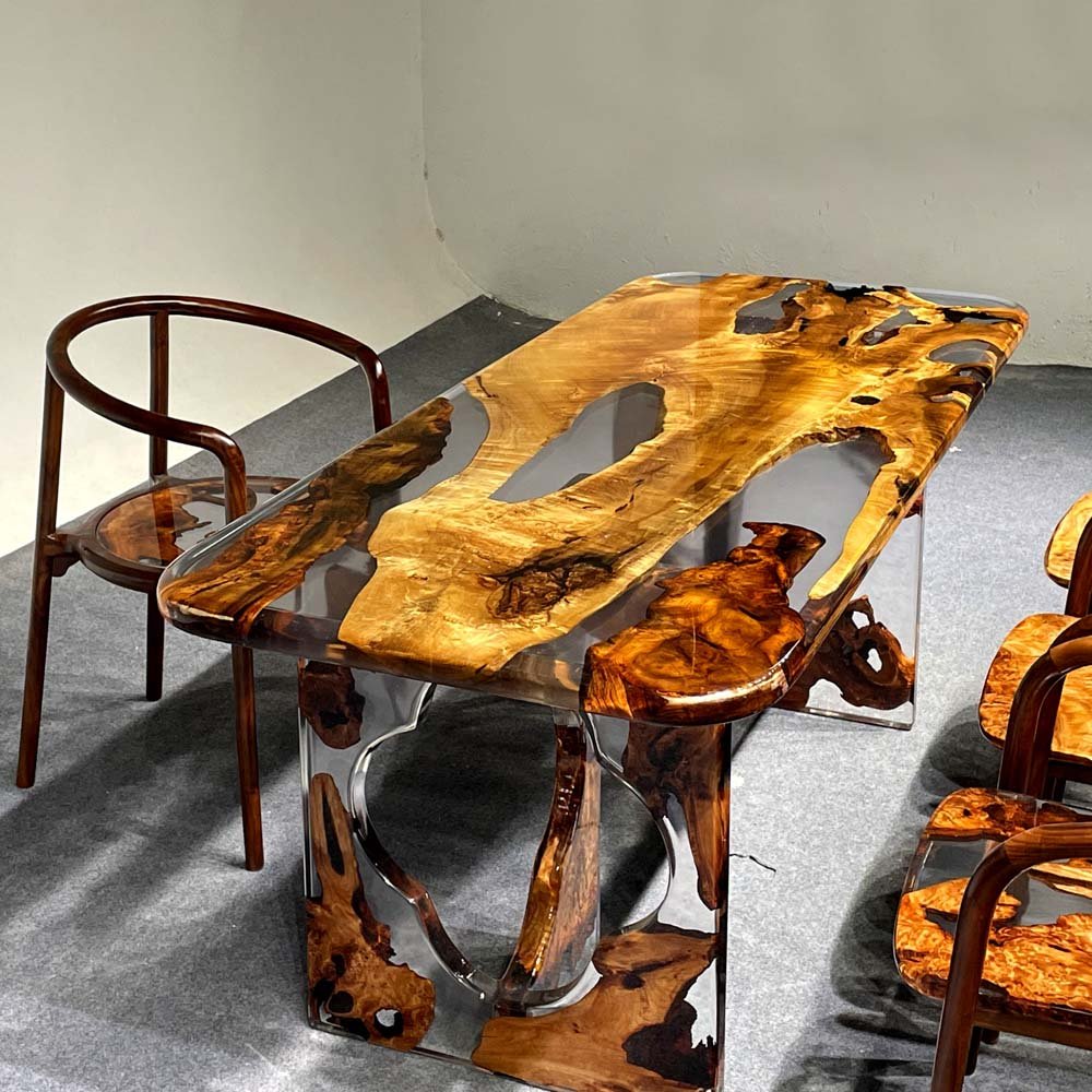 Elite Transparent Resin - Inlaid Golden Camphor Wood Dining Table ECT - 146 - Elitecustomtable
