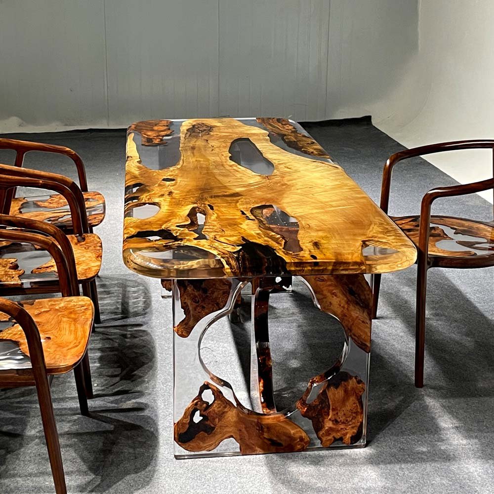 Elite Transparent Resin - Inlaid Golden Camphor Wood Dining Table ECT - 146 - Elitecustomtable