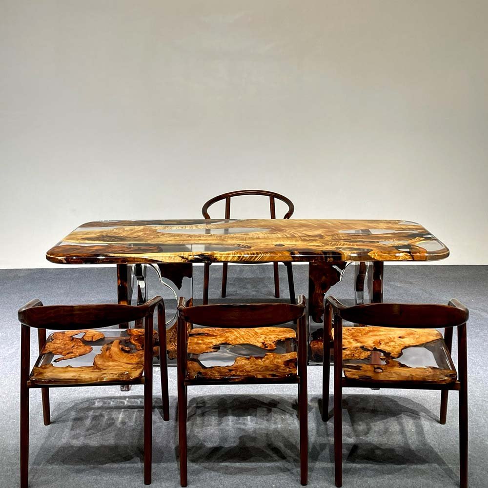 Elite Transparent Resin - Inlaid Golden Camphor Wood Dining Table ECT - 146 - Elitecustomtable