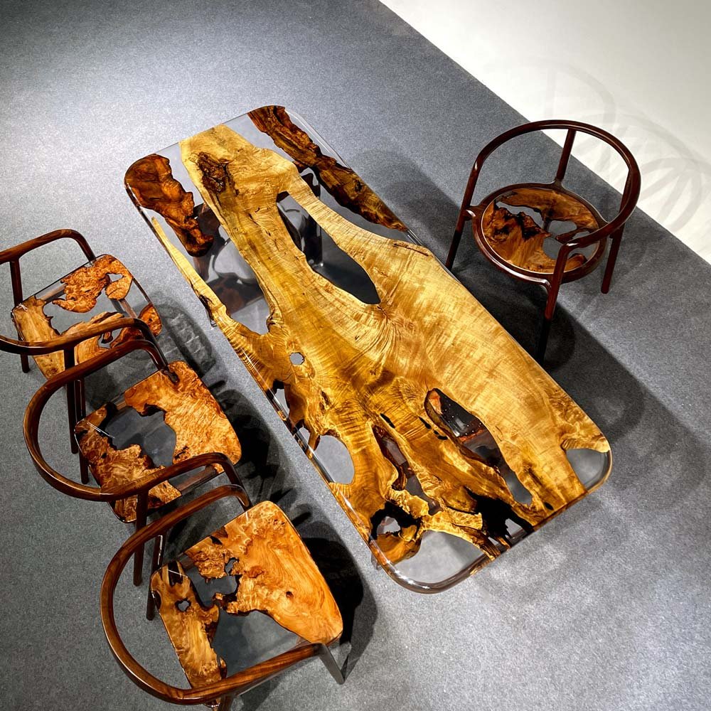 Elite Transparent Resin - Inlaid Golden Camphor Wood Dining Table ECT - 146 - Elitecustomtable