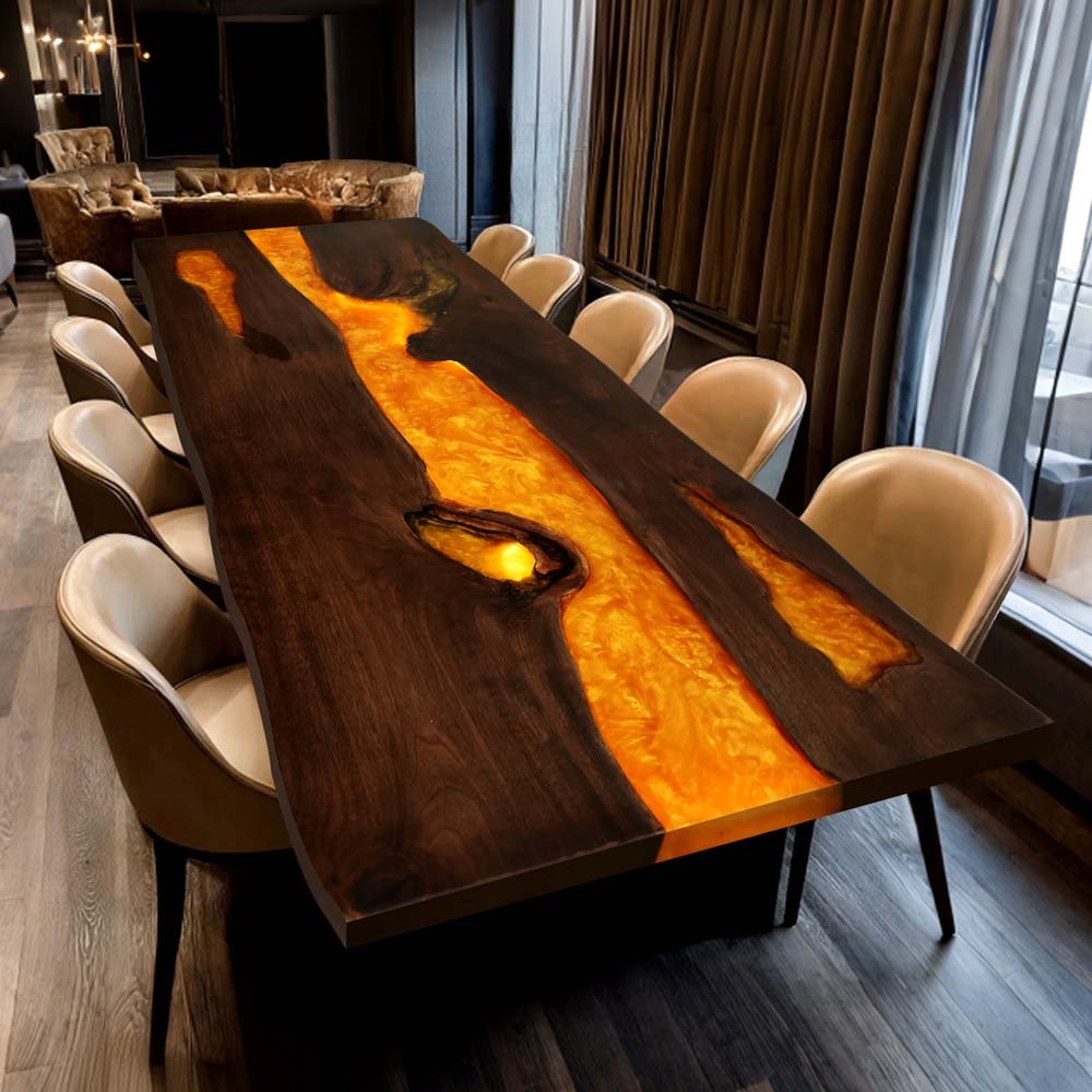 Elite Volcanic Stream Black Walnut Dining Table With Lighted Resin ECT - 130 - Elitecustomtable