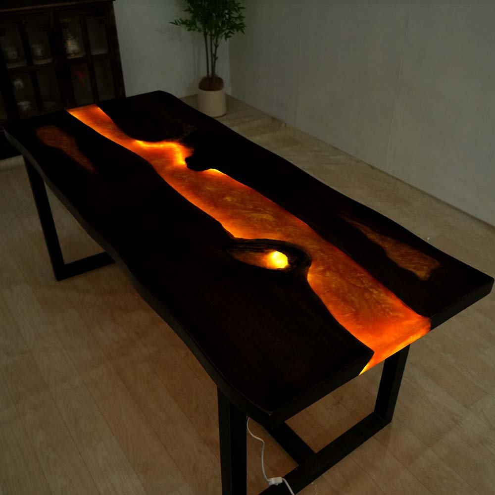 Elite Volcanic Stream Black Walnut Dining Table With Lighted Resin ECT - 130 - Elitecustomtable