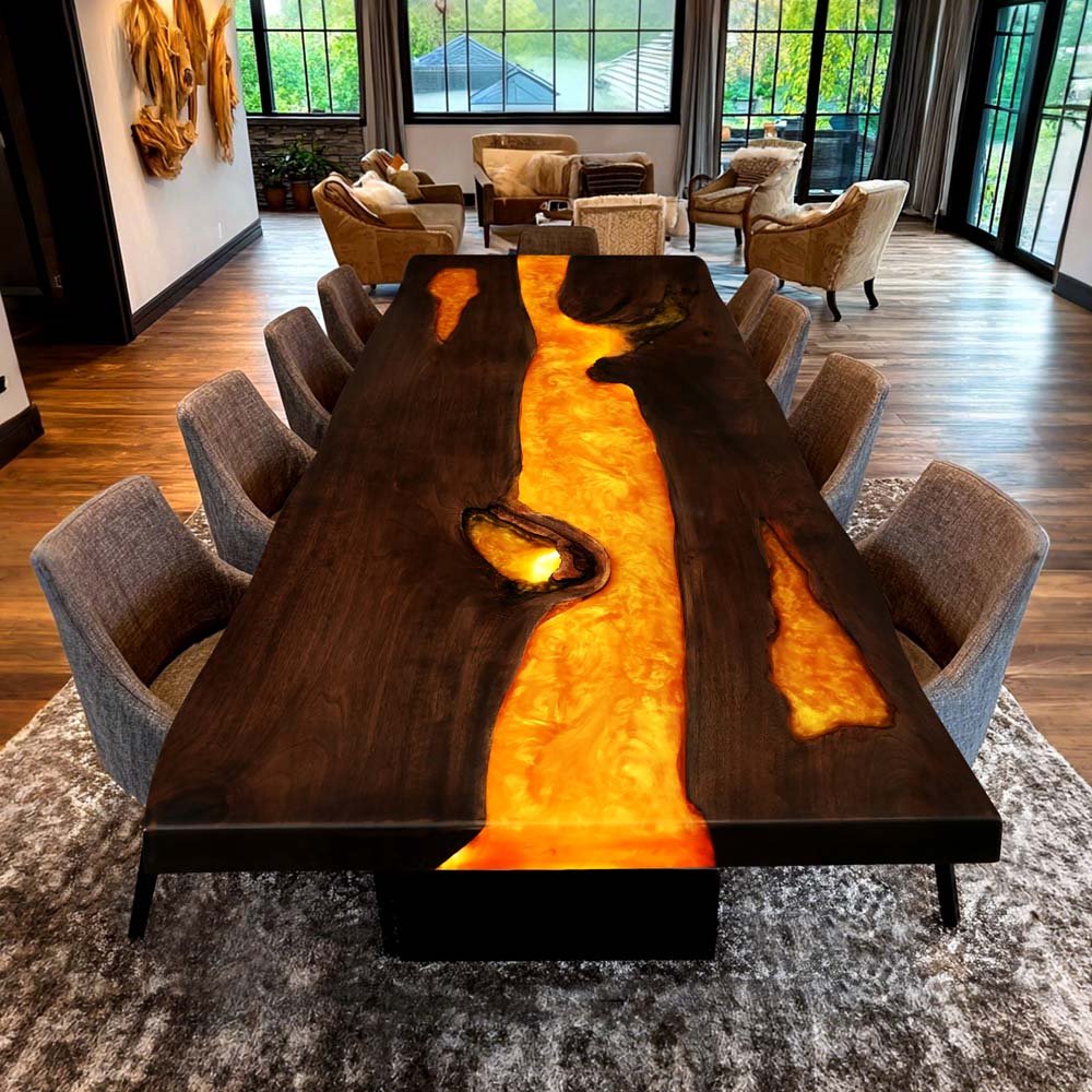 Elite Volcanic Stream Black Walnut Dining Table With Lighted Resin ECT - 130 - Elitecustomtable