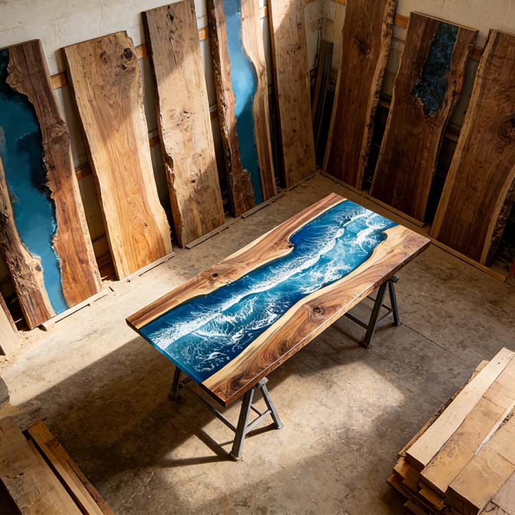 Elite Walnut Blue Epoxy River Rectangular Resin Dining Table – Modern Handmade Design ECT - 271 - Elitecustomtable