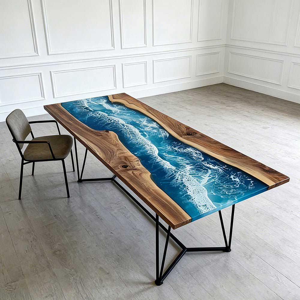 Elite Walnut Blue Epoxy River Rectangular Resin Dining Table – Modern Handmade Design ECT - 271 - Elitecustomtable