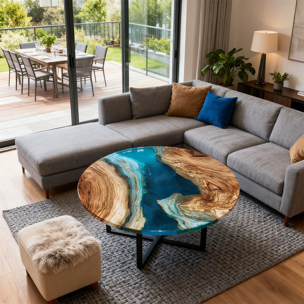 Elite Walnut Blue Ocean Epoxy Round Dinner Table ECT - 254 - Elitecustomtable