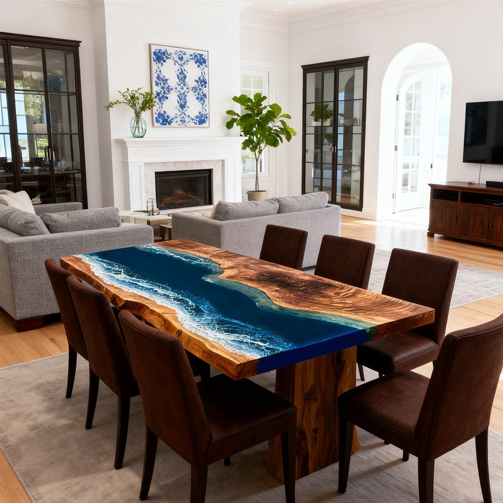 Elite Walnut Blue Ocean Wave Epoxy Rectangular Coffee Table ECT - 260 - Elitecustomtable