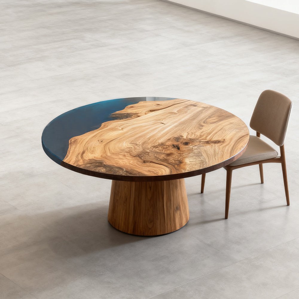 Elite Walnut Deep Blue Ocean Epoxy Round Coffee Table ECT - 256 - Elitecustomtable