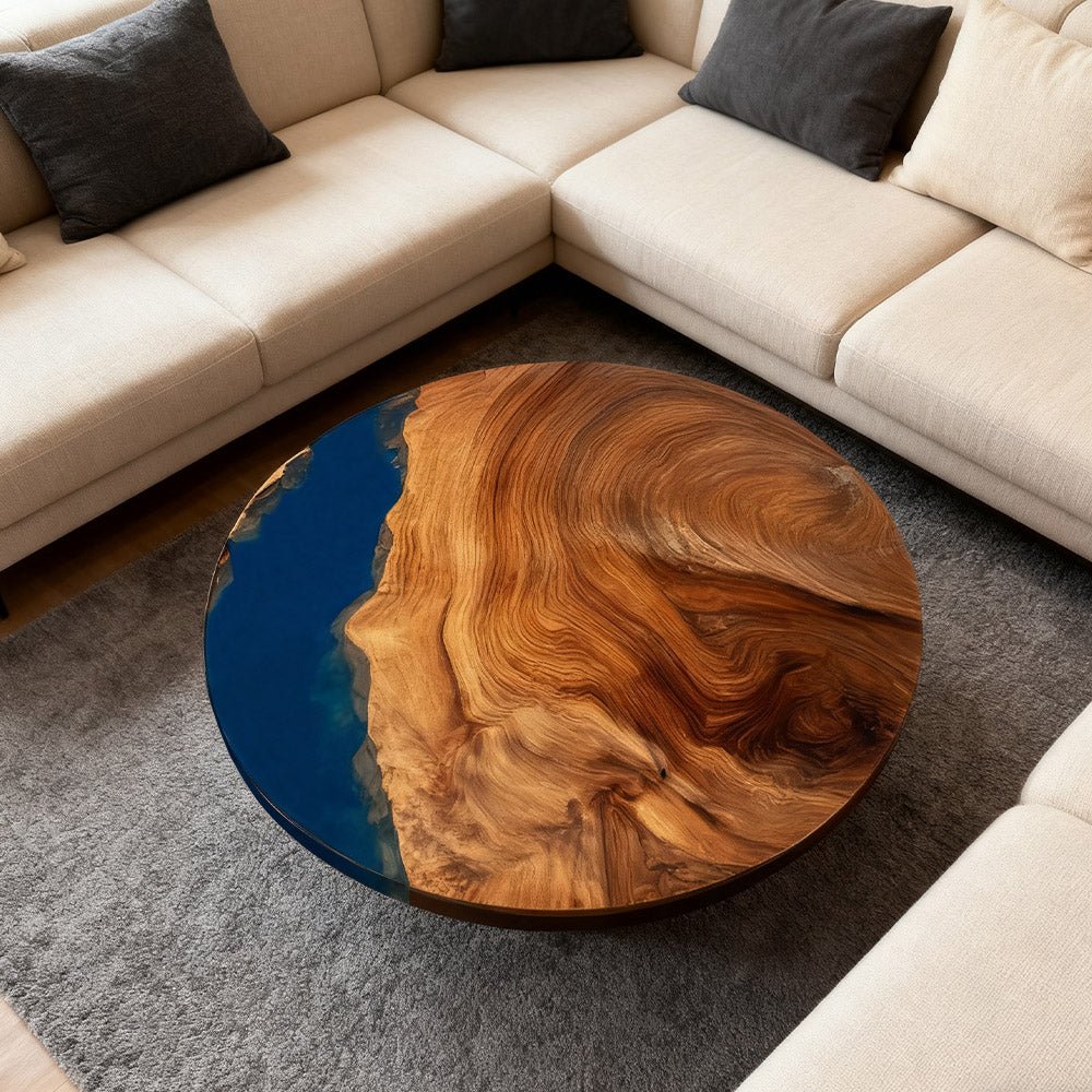 Elite Walnut Deep Blue Ocean Epoxy Round Coffee Table ECT - 256 - Elitecustomtable