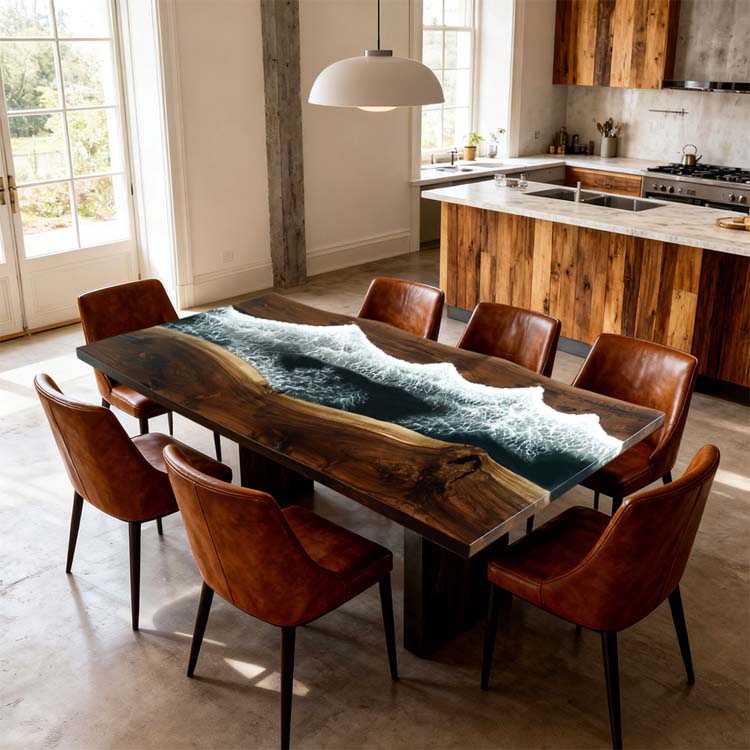 Elite Walnut Deep Green Epoxy Rectangular Resin Dining Table – Ocean - Inspired Design ECT - 263 - Elitecustomtable