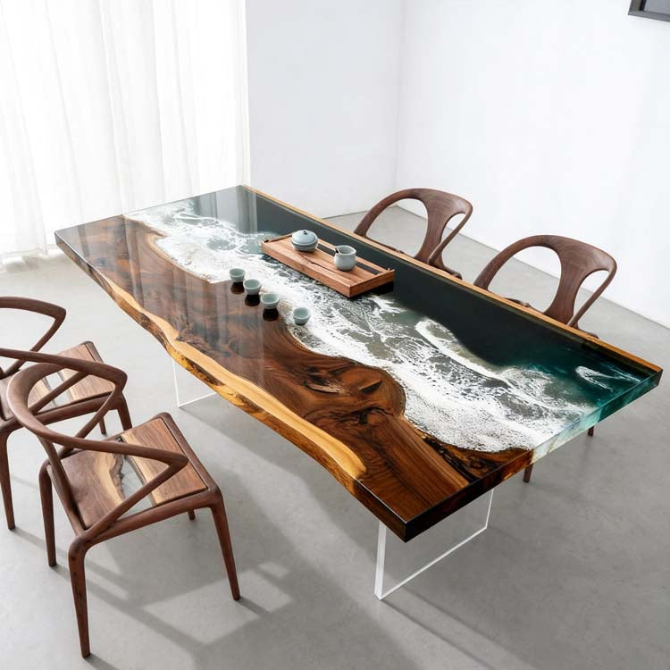Elite Walnut Deep Green Ocean Epoxy Rectangular Dining Table ECT-262 - Elitecustomtable