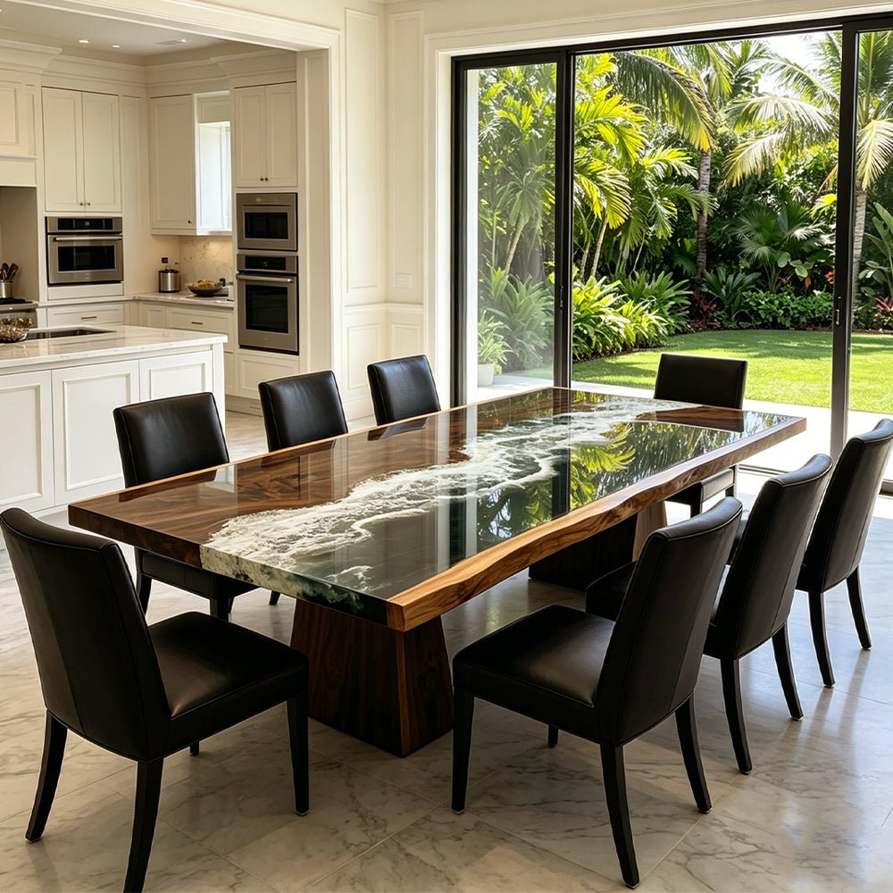 Elite Walnut Deep Green Ocean Epoxy Rectangular Dining Table ECT - 262 - Elitecustomtable