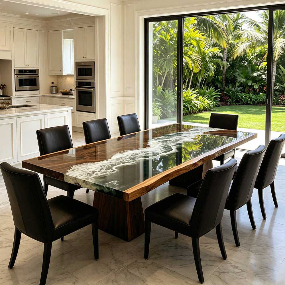 Elite Walnut Deep Green Ocean Epoxy Rectangular Dining Table ECT - 262 - Elitecustomtable