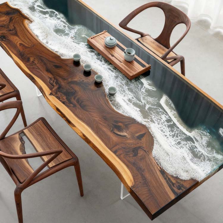 Elite Walnut Deep Green Ocean Epoxy Rectangular Dining Table ECT-262 - Elitecustomtable