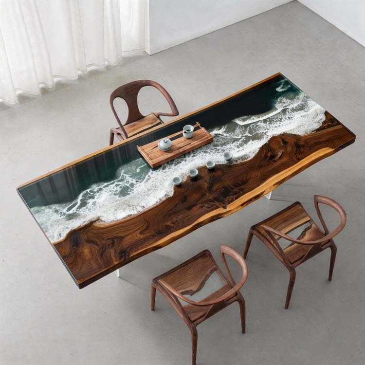 Elite Walnut Deep Green Ocean Epoxy Rectangular Dining Table ECT-262 - Elitecustomtable