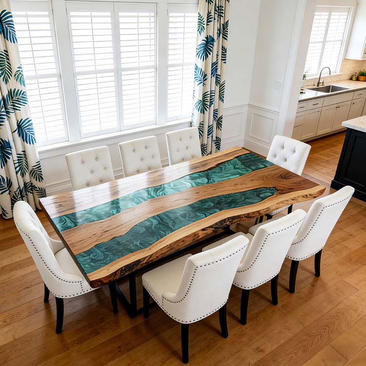 Elite Walnut Live Edge Emerald Green Epoxy River Dining Table – Handcrafted Marbled Resin Tabletop ECT - 288 - Elitecustomtable