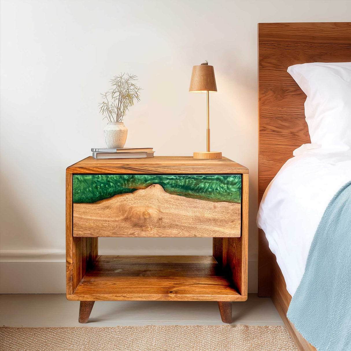 Elite Walnut Nightstand with Emerald Green Epoxy Drawer ECN - 03 - Elitecustomtable