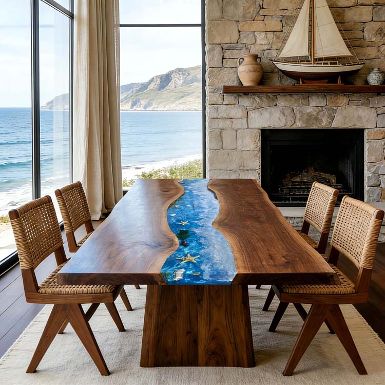 Elite Walnut Ocean Epoxy Dining Table – Handcrafted Straight Edge River Table with Ocean Resin Art ECT - 284 - Elitecustomtable