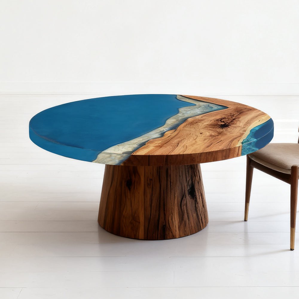 Elite Walnut Royal Blue Ocean Epoxy Round Dinner Table ECT - 255 - Elitecustomtable