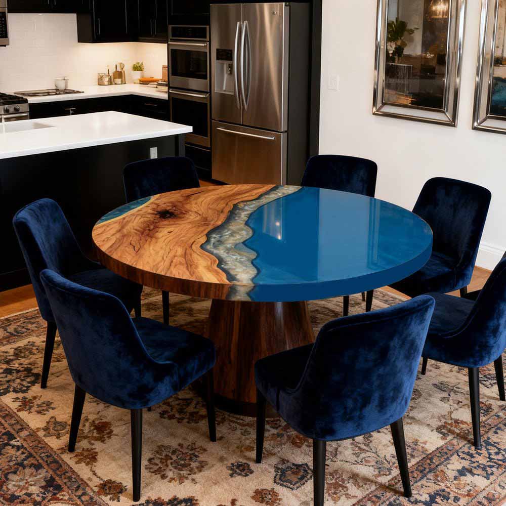 Elite Walnut Royal Blue Ocean Epoxy Round Dinner Table ECT - 255 - Elitecustomtable