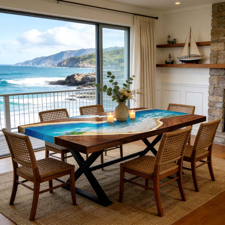 Elite Walnut Straight Edge Ocean Art Epoxy Dining Table – Handcrafted Coastal Resin Tabletop ECT - 286 - Elitecustomtable