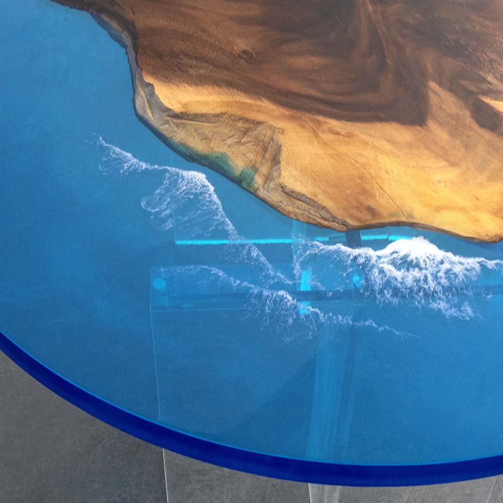 Elite Walnut Wood & Blue Ocean Wave Epoxy Round Table ECT - 47 - Elitecustomtable