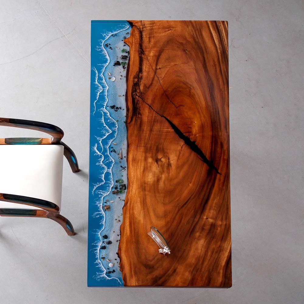 Elite Walnut Wood & Coastal Beach Wave Epoxy Dining Table with Seashells ECT - 152 - Elitecustomtable